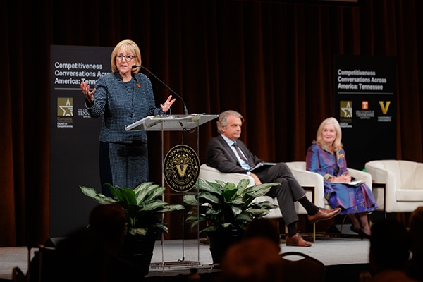 Chancellor Donde Plowman speaks while sharing the stage with Vanderbilt University Chancellor Daniel Diermeier and President and CEO of the Council on Competitiveness Deborah Wince-Smith.